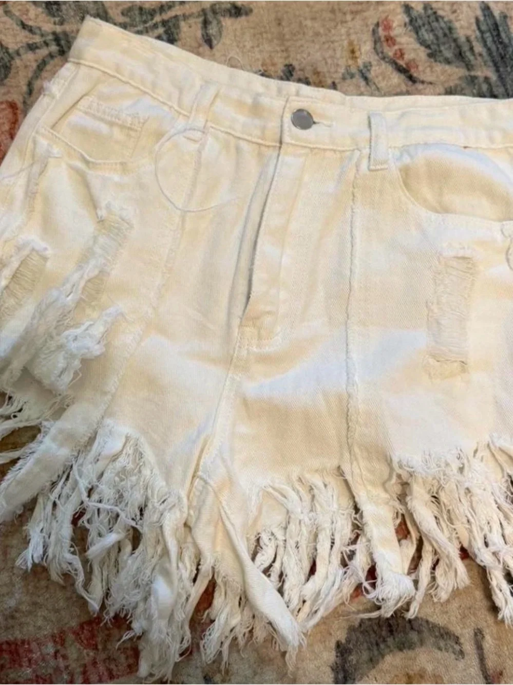 POL White Distressed Fringe Denim Shorts